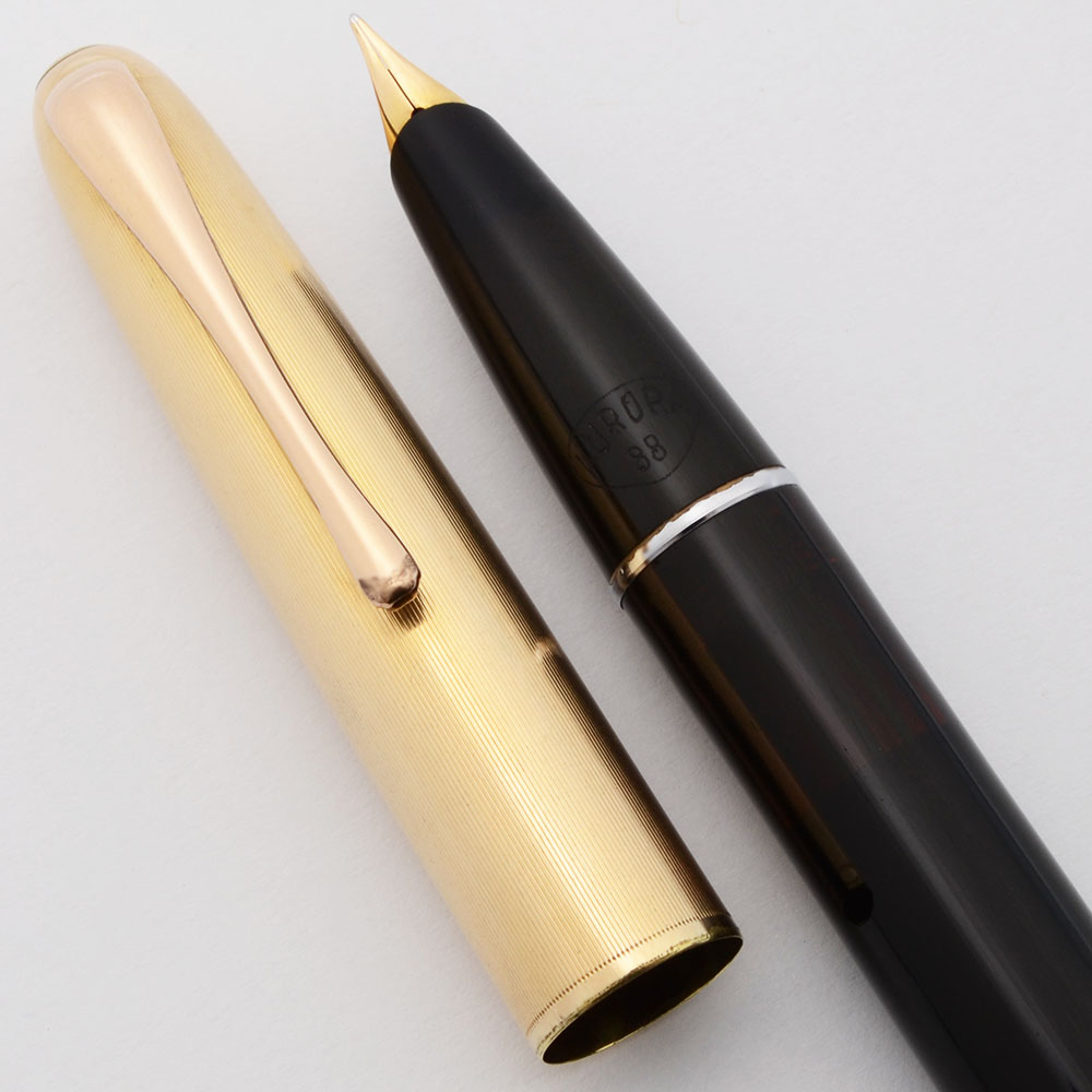 Aurora 88 Fountain Pen (1950s) - Black w Gold Lined Cap, 14k